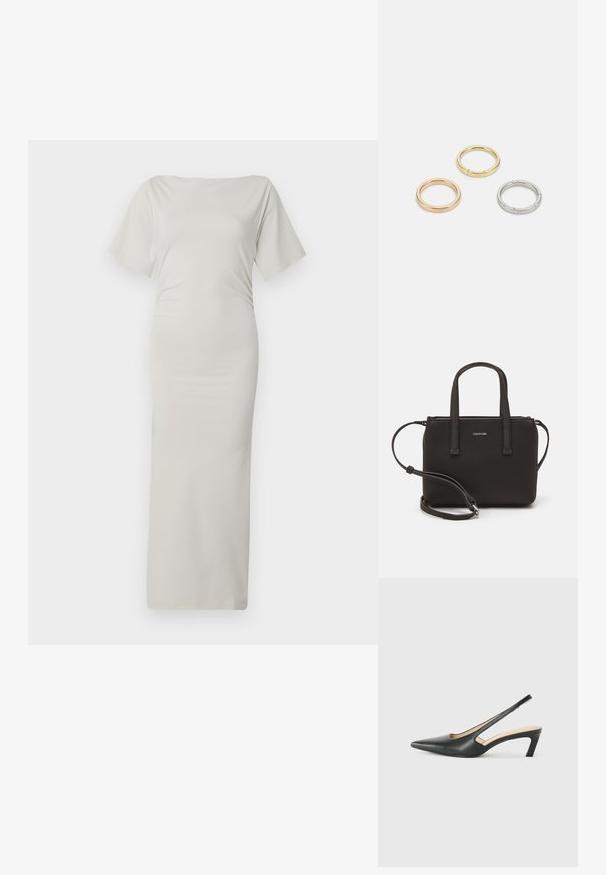 Vestido bodycon en un tejido ligero y suave de color crema. Presenta un escote barco y mangas cortas. Silueta larga y ceñida sin estampados.; Zapato negro de punta afilada tipo slingback con un tacón bajo, que presenta un material de cuero suave y un diseño recortado en el lateral para mayor transpirabilidad.; Bolso de mano negro con dos asas cortas y una correa de hombro removible. Material suave tipo cuero con cierre de cremallera y detalle del logo.; Tres anillos de metal: uno de oro rosado, uno de oro con acentos texturizados y uno de plata, todos con marcas grabadas en la parte interior.