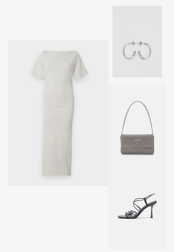 Bodycon dress in lightweight, smooth, cream fabric. Features a boat neckline and short sleeves. Long, fitted silhouette with no patterns.; Black high-heeled sandals feature thin straps with a knotted design, a smooth square toe, and a sleek stiletto heel.; Light gray metallic handbag featuring a chain strap, embellished with small circular metallic studs and a triangular brand logo.; Silver hoop earrings with a smooth, shiny finish. Rounded shape, lightweight design, featuring a post-back closure.