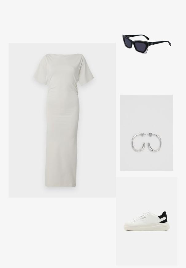 Ķermenī pielāgota kleita no viegla, gluda, krēmkrāsas auduma. Ar laivu formas dekoltē un īsām piedurknēm. Garš, pieguļošs siluets bez rakstiem.; Baltas ādas sporta apavi ar biezu balto zoli, melna zamša uzpura un izspiestais logotips sānos. Šņorējuma dizains ar sešiem acu caurumiem.; Melni pārmēru saulesbrilles ar ģeometrisku formu, kas aprīkotas ar tumšiem stikliem un kontrastējošu pelēku akcentu uz rāmja. Logo uz kājas.; Sudraba riņķveida auskari ar gludu, spīdīgu apdari. Apaļas formas, viegla dizaina, ar aizdari uz stieples.