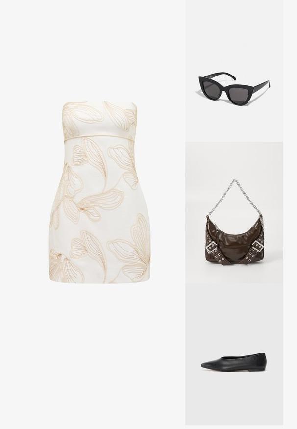 Abito senza spalline color crema con motivi floreali a rilievo in beige chiaro. Design aderente, texture liscia, taglio a lunghezza ginocchio e senza chiusure visibili.; Ballerine in pelle nera, punta affusolata, design minimalista, texture liscia, tacco basso, senza hardware o decorazioni visibili.; Occhiali da sole neri a forma di occhio di gatto con finitura opaca, dotati di lenti grigie, angoli acuti e stanghette slanciate. Nome del marchio visibile all'interno della stanghetta.; Borsa a tracolla in pelle verniciata marrone scuro con catena in argento, cinture decorative con doppia fibbia e chiusura a zip.
