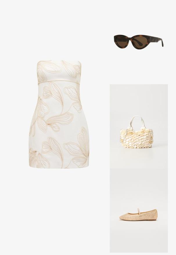 Breza obleka brez naramnic v smetani z embosiranimi cvetličnimi vzorci v svetlo bež barvi. Prikladna zasnova, gladka tekstura, kroj do kolen in brez vidnih zapiralk.; Zlate baletne čevlje iz tkanine z ostrim nosom, ravnim podplatom in pasom čez zgornji del stopala. Imajo strukturirane vzorce na zgornjem materialu.; Sončne očala mačje oblike v barvi torto, s smešnimi rjavimi lečami, ki imajo gladke, sijoče plastične okvirje in eleganten dizajn. Brez vidnih logotipov ali poudarkov.; Bela torbica z teksturiranimi, valovitimi okrasnimi elementi, ki spominjajo na školjke. Ima pleteno ročaj in srebrno verižico za prilagodljivost.
