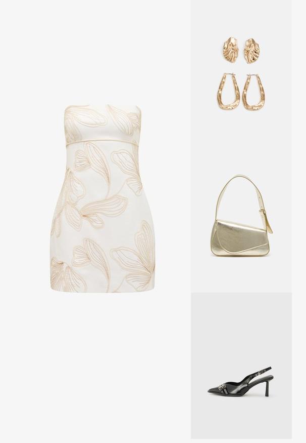 ďžBezramínkov dress v krémové barvě s raženými květinovými vzory v světle béžové. Přiléhavý střih, hladká textura, délka ke kolenům a žádné viditelné zapínání.; Černá lakovaná slingback obuv s špičatou špičkou, kotníkovými pásky s kovovými sponami a příslušenstvím, a štíhlým podpatkem.; Zlatá metalická kabelka se strukturovaným designem, hladkým povrchem a nastavitelným popruhem. Disponuje unikátním trojúhelníkovým tvarem a minimalistickým prošitím.; Náušnice ve zlatém tónu s texturovanými, vlnitými tvary. Obsahují sochařské klipy a design otevřeného kruhu s kladivkovým povrchem.