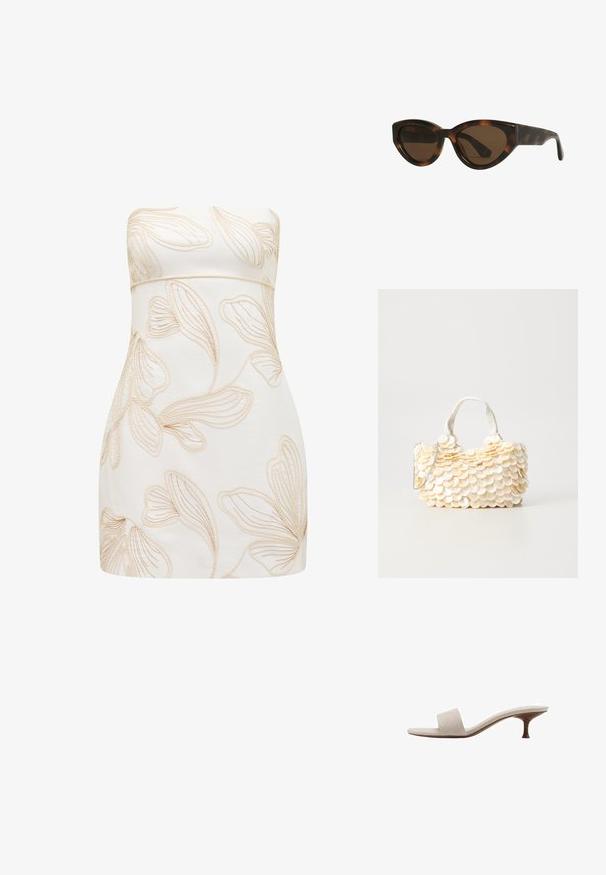 Haljina bez naramenica u krem boji s utisnutim cvjetnim uzorcima u svijetlo bež nijansi. Prilagođeni kroj, glatka tekstura, dužina do koljena i bez vidljivih zatvarača.; Sandal bez pete s bež gornjom tkaninom od pletenog materijala, otvorenom petom i zakrivljenim drvenim srednjim džonom. Dizajn se odlikuje glatkom teksturom i minimalističkim oblikom.; Mačkaste sunčane naočale u obliku mačjih očiju s smešnim lećama, imaju glatke, sjajne plastične okvire i elegantan dizajn. Nema vidljivih logotipa ili akcenta.; Bijela torba s reljefnim, valovitim ukrasima koji podsjećaju na školjke. Ima pletenu ručku i srebrnu lančanu naramenicu za svestranost.