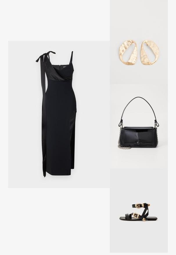 Juoda suknelė su prigludusia forma, satino akcentais ir šonine iškirpte. Su plonais petnešomis ir patrauklia pakarptine iškirpte su užrišimu.; Juodos odinės šlepetės su auksiniais sagtelėmis, turinčios daugybę dirželių ir plokščią padą, skirtos atviriems pirštams.; Juodas lakinės odos rankinės ilgis stačiakampis, su grandinėlės dirželiu ir išskirtiniu metaliniu akcentu centre. Lygus paviršius.; Nedidelis nereguliarus ovalo formos aukso tono metalinių auskarų pora su tekstūruota, šiek tiek kalta paviršiumi ant balto fono.