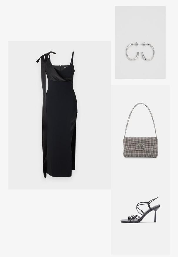 Fekete ruha, testhez álló szabással, selyemfényű részletekkel és oldalsó hasítékkal. Vékony pántokkal és előnyösen eső dekoltázzsal rendelkezik, amelyhez megkötő rész tartozik.; Fekete magas sarkú szandálok vékony pántokkal, csomózott mintával, sima négyzetes orral és karcsú stiletto sarkal rendelkeznek.; Világosszürke fémes kézitáska lánc pánttal, kis kör alakú fém kifinomult díszítéssel és háromszög alakú márkagéppel.; Ezüst karika fülbevalók sima, fényes felülettel, ívelt formával és postazáras zárral. Minimalista, modern kivitel.