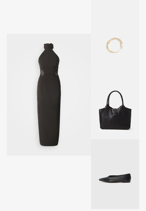 Must-sinine kaelusega kleit, millel on keha kallav lõige, ja läbipaistvad pitspaneelid talje juures ning põrandani ulatuv seelik. Ühtlane tekstuur üle kogu kleidi.; Musthave mustris balletkingad, terav nina, minimaliseeritud disain, sile pind, madal konts, ilma nähtava riistvara või kaunistusteta.; Mustgamma nahast kott, millel on sile tekstuur, struktureeritud kuju, kaks käepidet ja esiküljel silmapaistev hõbedane pandla detail.; Kuldtoonis sõrmus, millel on orgaaniline, keerdunud disain sileda tekstuuri ja kitsenevate otstega, luues kaasaegse skulptuurilise välimuse.