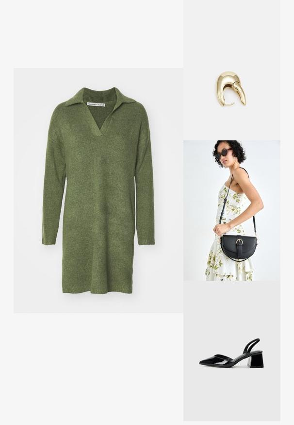 Zöld kötött ruha galléros nyakkivágással és hosszú ujjakkal. Laza szabású, enyhén kiszűkülő szegéllyel rendelkezik, puha gyapjúkeverékből készült.; Fekete lakk bőr szandálkés magas sarkú cipő, hegyes orral és geometrikus tömbsarkakkal. Karcsú, minimalista dizájn és sima textúra jellemzi.; Fekete bőrtáska ívelt formával, levehető pánttal és arany színű fémrészekkel. A táskán egy csattal díszített fedél található.; Aranyszínű fém fülbevaló, elegáns, ívelt formával. Különleges hegyes alak, fényes felszín és zsanéros záródás jellemzi.