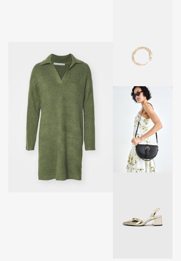 Žalia megzta suknelė su apykakle ir ilgomis rankovėmis. Pasižymi laisvu siluetu ir šiek tiek siaurėjančiu hemu, pagaminta iš minkštos vilnos mišinio.; Auksiniai, metaliniai slingback aukštakulniai bateliai su smailiu pirštu ir masyviu kulnu. Lygus paviršius, minimalizmo dizainas ir siaura juostelė.; Juodas odinis krepšys su išlenkta forma, nuimamu dirželiu ir auksiniais detalėmis. Krepšys turi kilpą su sagtimi.; Auksinės spalvos žiedas, turintis organišką, sukimosi dizainą su lygiu paviršiumi ir siaurėjančiais galais, sukuriantis modernią skulptūrinę išvaizdą.