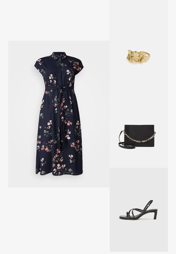 Morska oblačila s cvetličnim vzorcem in kratkimi rokavi, ovratnikom na gumb, pasom na pasu ter svetlo rožnatimi in zelenimi cvetličnimi motivi po celotni površini. Mehka tkanina.; Črne natikače s trakovi in kvadratnim prstom ter nizkim blokastim peto. Imajo več tankih trakov in nastavljiv trak okoli gležnja. Narejene so iz gladkega usnja.; Črna usnjena torba čez ramo z gladko teksturo, pravokotno obliko in kovinskim verižnim detajlom spredaj. Vključena je nastavljiva naramnica.; Zlati prstan z teksturiranim, valovitim dizajnom, ki ima tri izrazite vrhove. Gladka, sijoča površina z odprtim pasom za prilagodljivo prileganje.