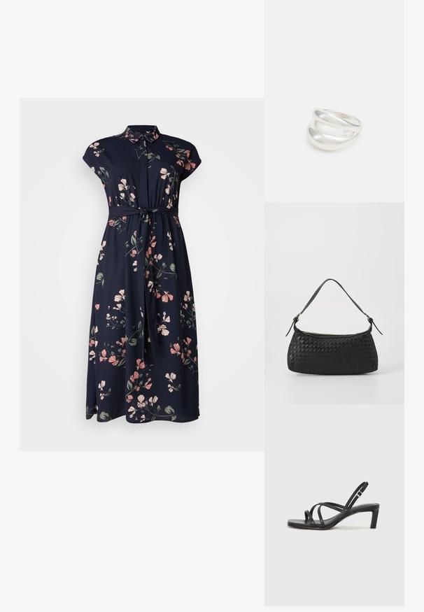 Jūrinio stiliaus gėlių suknelė su trumpomis rankovėmis, mygtukų užsegimu, diržu liemens vietoje, ir šviesiai rožinėmis bei žaliomis gėlių detalėmis visame kūne. Minkšta medžiaga.; Juodi šlepetės su kvadratiniu pirštu ir žemu bloku kulnu. Yra keli ploni dirželiai ir reguliuojamas kulkšnies diržas. Pagaminti iš lygios odos.; Juodas nėriniuotas peties krepšys su lygaus odos dirželiu ir užtrauktuku. Yra tekstūruotas paviršius ir išgaubta forma.; Sidabrinis dvigubas žiedas su lygiu, poliruotu paviršiumi. Pasižymi sklandžiu, kreiptu dizainu su persipinančiomis dalimis, suteikiančiomis modernų išvaizdą.; Sidabrinis dvigubas žiedas su lygiu, poliruotu paviršiumi. Pasižymi sklandžiu, kreiptu dizainu su persipinančiomis dalimis, suteikiančiomis modernų išvaizdą.