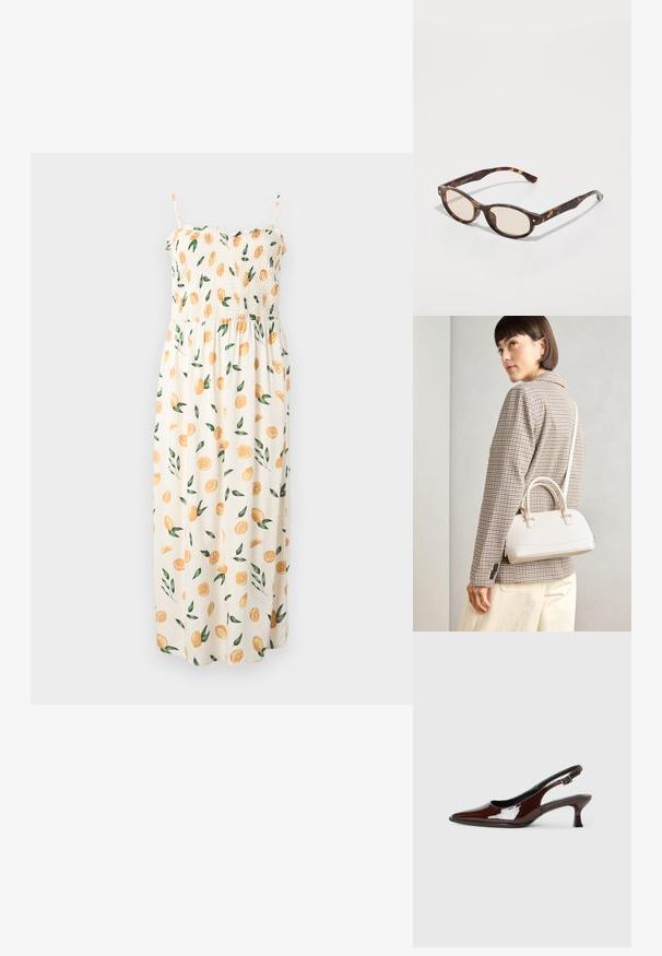 Rochie maxi cu un bust elastic, bretele subțiri și un fundal crem, având un model cu felii de portocale și frunze verzi.; Pantofii slingback din piele patent maro, cu vârful ascuțit și un toc moderat. Prezintă o curea cu prindere pentru o potrivire sigură. Textură netedă.; Ochelari de soare bleoni cu un design rotund și lentile de nuanță deschisă. Au brațe rezistente cu mici accente de aur, fabricate din material plastic.; Geantă structurată albă, cu mânere scurte și curea de umăr, având accente din metal aurit și material texturat, expusă pe un fundal gri.