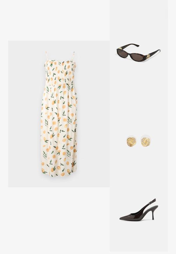 Maxi dress with a smocked bodice, spaghetti straps, and a cream background, featuring a pattern of orange slices and green leaves.; Slingback high-heeled shoe in glossy dark brown patent leather, pointed toe, open sides, and adjustable ankle strap.; Tortoiseshell sunglasses with elongated oval lenses, brown tint, gold logo accents on temples, and sleek black arms.; Gold swirl earrings with clear backing, featuring textured gold accents and small clear gemstones embedded in the design.
