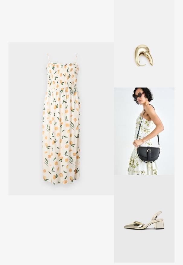 Maxikleid mit gerafftem Oberteil, Spaghettiträgern und einem cremefarbenen Hintergrund, der mit einem Muster aus Orangenscheiben und grünen Blättern verziert ist.; Goldene, metallische Slingback-Absätze mit spitzem Zeh und dicker Ferse. Glatte Textur, minimalistisches Design und ein schmaler Riemen.; Schwarze Lederhandtasche mit geschwungener Form, abnehmbarem Tragegurt und goldenen Beschlägen. Die Tasche verfügt über einen Deckel mit einer Schnallen-Details.; Ohrringe aus goldfarbenem Metall mit einem schlanken, geschwungenen Design. Sie verfügen über eine markante, spitze Form, eine polierte Oberfläche und einen Scharnierverschluss.