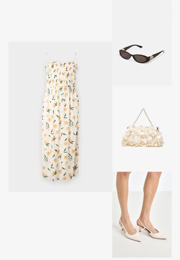 Maxiklänning med smockad byst, spagettistroppar och en krämfärgad bakgrund, prydd med ett mönster av apelsinskivor och gröna blad.; Beige lackläder slingbackklackar med spetsig tå och 5 cm klack, med utskurna sidor och ett tunt ankelband.; Sköldpaddsformade solglasögon med avlånga ovala linser, brunt toning, guldfärgade logotypdetaljer på skalmarna och slanka svarta skaft.; Vit blommig handväska med en rynkad tygöverflata, guldfärgad kedjeslips och metallspänne. Har strukturerade blad för extra detalj.