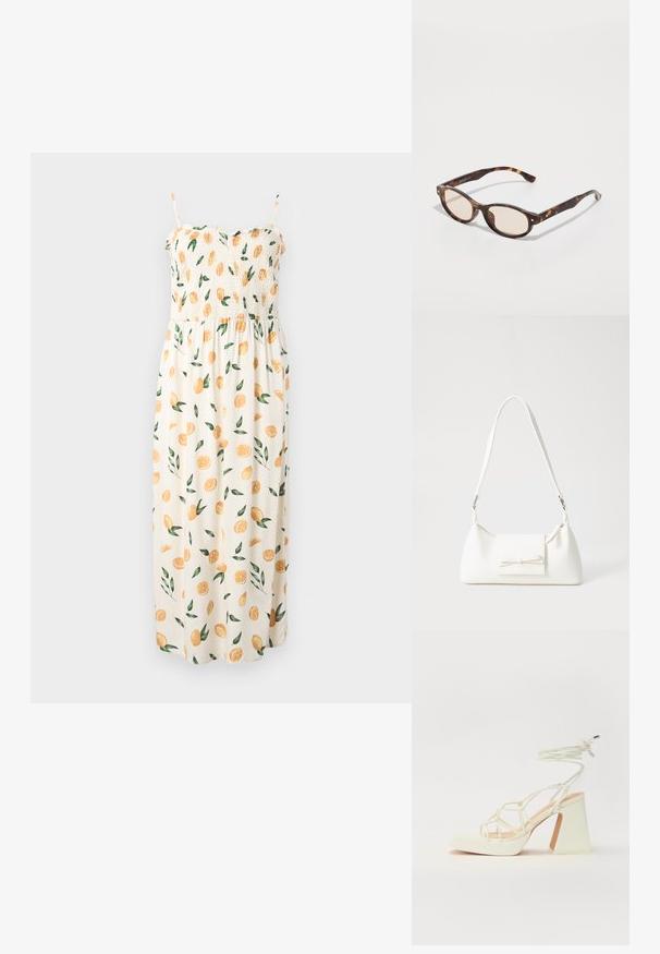 Vestido maxi com corpete franzido, alças finas e fundo creme, apresentando um padrão de fatias de laranja e folhas verdes.; Sandálias brancas de salto alto com um salto robusto, apresentando um design com tiras e amarração no tornozelo. Textura suave com uma plataforma na frente para altura adicional.; Óculos de sol em padrão tartaruga com formato arredondado e lentes claras. Apresentam hastes robustas com pequenos detalhes em dourado, feitos de material plástico.; Mala sintética branca com formato triangular, aba frontal plana e detalhe de laço, alça ajustável, textura suave e design minimalista.
