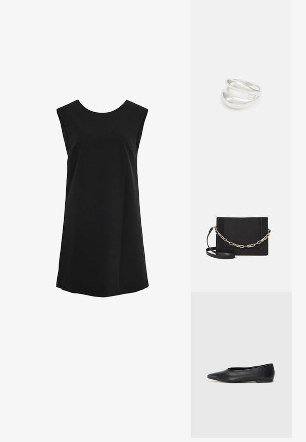 Czarna sukienka bez rękawów wykonana z gładkiego materiału. Posiada okrągły dekolt i prosty krój, który sięga powyżej kolan. Brak widocznych wzorów.; Czarne baleriny z lakierowanej skóry, spiczasty nosek, minimalistyczny design, gładka faktura, niskie obcasy, bez widocznych elementów metalowych czy ozdób.; Czarna skórzana torebka typu crossbody z gładką teksturą, prostokątnym kształtem oraz metalowym detalem w postaci łańcuszka z przodu. W zestawie regulowany pasek.; Srebrna obrączka podwójna z gładką, polerowaną powierzchnią. Posiada płynny, zakrzywiony kształt z nakładającymi się sekcjami, co nadaje nowoczesny wygląd.