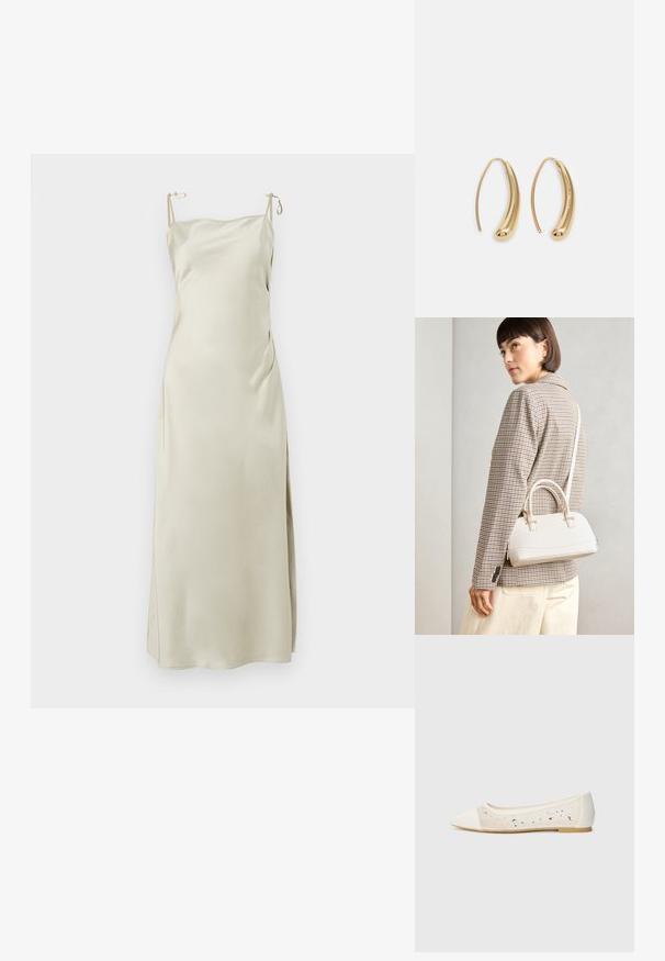 Rochie din satin, de culoare bej deschis, cu bretele ajustabile, decolteu drept și o fanta laterală pentru confort și libertate de mișcare.; Pantofi stilați cu vârful ascuțit, din piele crem, cu partea superioară transparentă și strasuri dispersate. Talpă moale pentru confort, design minimalist.; Geantă structurată albă, cu mânere scurte și curea de umăr, având accente din metal aurit și material texturat, expusă pe un fundal gri.; Cercei din metal auriu, cu un design curbat și alungit. Au o suprafață netedă și strălucitoare, cu un vârf rotunjit pentru un detaliu suplimentar.