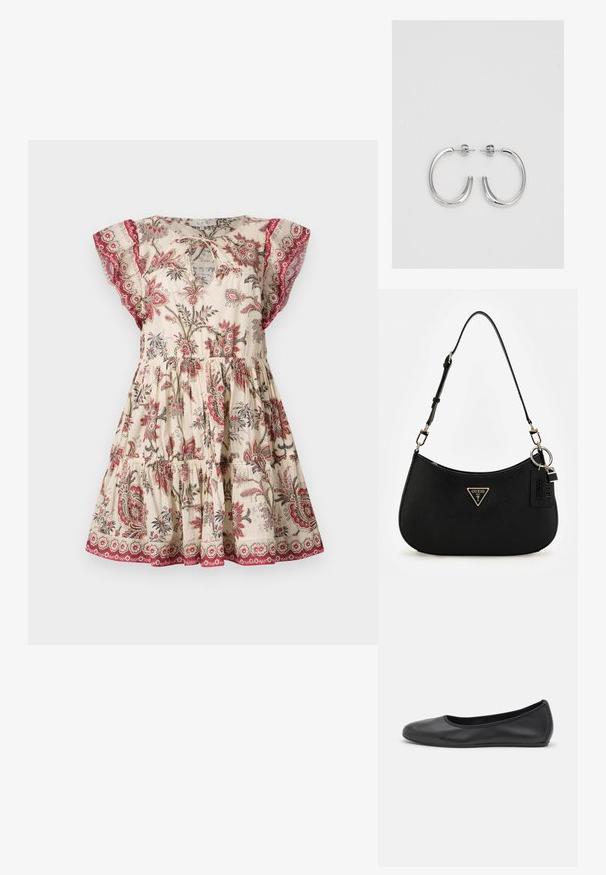 Sukienka w kwiatowy wzór w odcieniu kremowym, z krótkimi falbaniastymi rękawami, marszczonym talią i kontrastującymi czerwonymi akcentami przy dekolcie i u dołu.; Czarne skórzane baletki z zaokrąglonym noskiem, gładką fakturą, minimalnymi przeszyciami i elastycznym designem podeszwy.; Czarna syntetyczna torba na ramię o zaokrąglonym kształcie, z teksturowanym wykończeniem, złotym logo w kształcie trójkąta i odczepianymi akcentami ze sprzętu.; Srebrne kolczyki na biglu o gładkim, błyszczącym wykończeniu. O zaokrąglonym kształcie, lekkim designie, z zamknięciem na zatrzask.