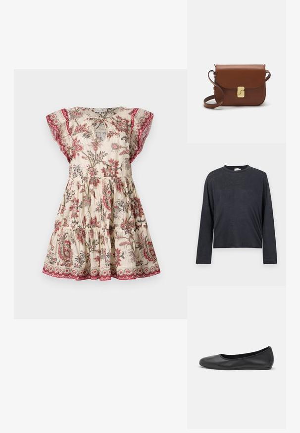 Floral print dress in cream, featuring short flutter sleeves, gathered waist, and contrasting red accents at the neckline and hemline.; Dark grey, long-sleeve, cropped t-shirt made from a lightweight, slightly textured fabric. Features a round neckline and loose fit.; Black leather ballet flat with a rounded toe, smooth texture, minimal stitching detail, and a flexible sole design.; Brown leather handbag with a flap closure, gold-tone hardware, a shoulder strap, and a smooth texture. Compact rectangular shape.