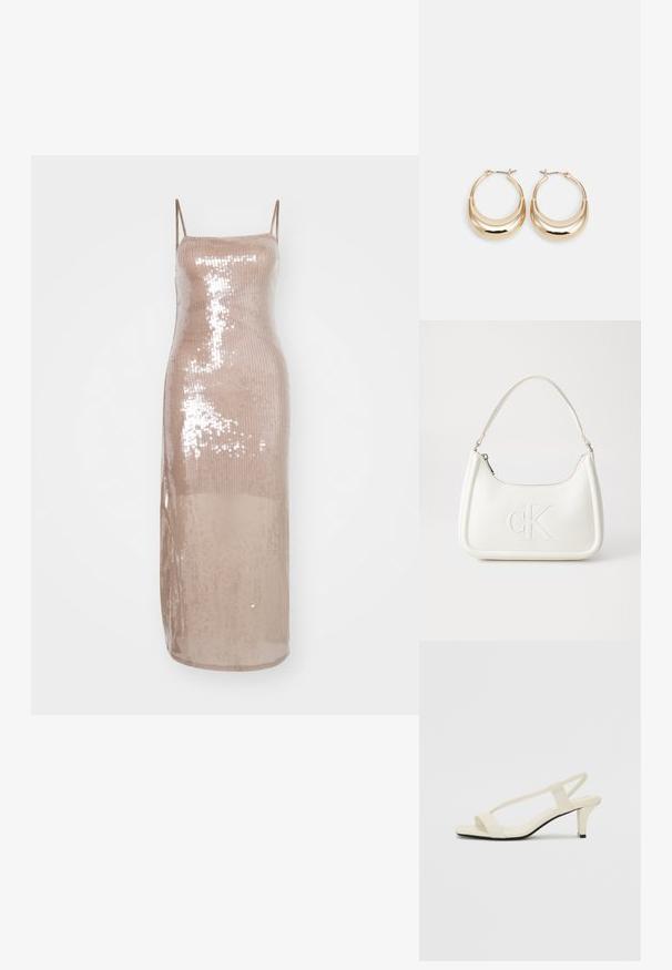 Hosszú, testhezálló ruha csillogó nude színű anyagból, flitterekkel, spagetti pántokkal és magas oldalsó hasítékkal a részletek és a textúra fokozása érdekében.; Beige színű, blokksarkú szandálok vékony pántokkal és négyzet alakú orral. Simább anyag, minimális részletezéssel, amely könnyű viselésre lett tervezve.; Fehér bőrtáska ívelt formájú, elöl feltűnő "CK" logóval, egyetlen vállpánttal. Cipzáras zárás a tetején.; Aranyszínű, félhold alakú fülbevalók, polírozott felülettel és zsanéros záródással. A sima textúra és a fényes felület fokozza a láthatóságot.