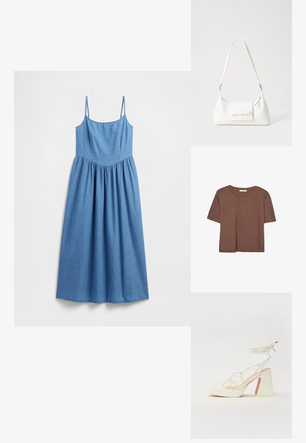 Jeans obleka s tankimi naramnicami, silhueta v obliki črke A in nabranim pasom, v enobarvni svetlo modri barvi in z mehko teksturo.; Rjava kratka majica s kratkimi rokavi iz mehkega materiala, s krožnim izrezom in ohlapnim krojem. Brez vidnih vzorcev ali dodatkov.; Bela sandala na visokih petah s debelim petam, ki ima obliko trakcev in vezanje okoli gležnja. Gladka tekstura z platformo spredaj za dodatno višino.; Bela sintetična torbica v obliki trikotnika, z ravnim sprednjim poklopcem in detajlom mašne, nastavljivim trakom, gladko teksturo in minimalističnim dizajnom.