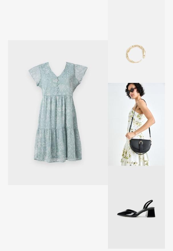 Svetlo modra cvetlična obleka iz lahkotnega materiala, z V-izrezom, kratkimi razpršenimi rokavi, gumbi in večplastno krilo.; Črne lakirane slingback pete s koničastim nosom in geometrijsko blokasto peto. Imajo eleganten, minimalističen dizajn in gladko teksturo.; Črna usnjena torbica s ukrivljeno obliko, z odstranljivo naramnico in zlatimi dodatki. Torbica ima pokrov s podrobnostmi v obliki zaponke.; Zlati prstan s organskim, zvitim dizajnom, gladko površino in taperiranimi konci, ki ustvarja modernega, skulpturalnega videza.