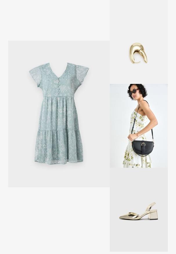 Világoskék virágmintás ruha könnyű anyagból, V-nyakkivágással, rövid lebegő ujjakból, gombdíszítéssel és réteges szoknyával.; Arany, fémből készült slingback sarkú cipők hegyes orral és vastag sarokkal. Simaság, minimalista design és keskeny pánt jellemzi.; Fekete bőrtáska ívelt formával, levehető pánttal és arany színű fémrészekkel. A táskán egy csattal díszített fedél található.; Aranyszínű fém fülbevaló, elegáns, ívelt formával. Különleges hegyes alak, fényes felszín és zsanéros záródás jellemzi.