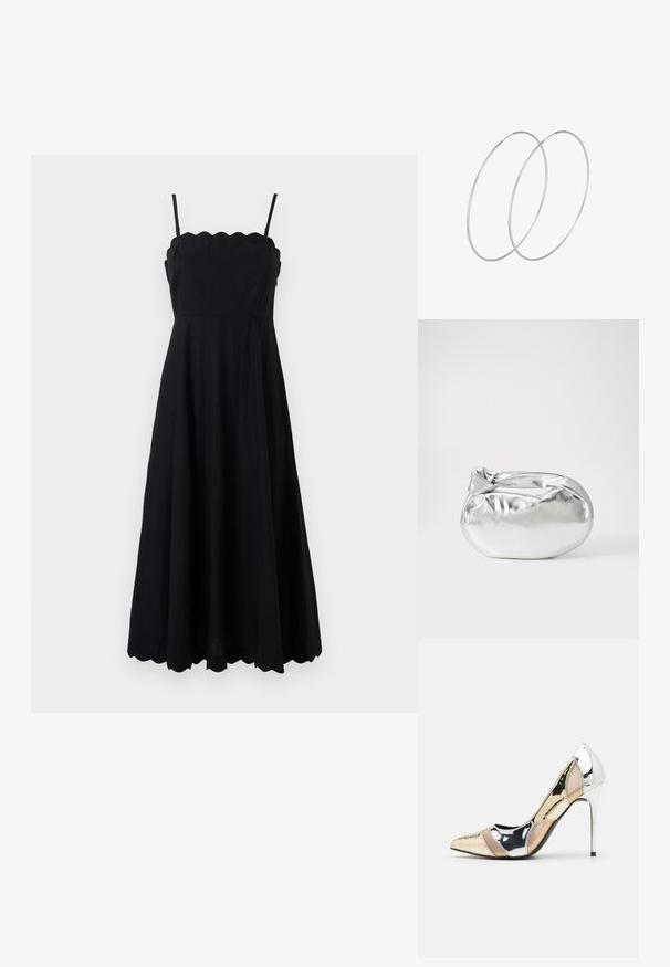 Juoda be rankovių suknelė su banguotu iškirpimu, prigludusia liemene ir platėjančia sijona. Pagaminta iš lengvos medžiagos, turinčios glotnią tekstūrą.; Aštrus pirštas aukštakulnis batelis su sidabro, aukso ir nuogų spalvų deriniu. Blizgus paviršius su išpjovos dizainu, su stiletto kulnu.; Sidabrinė metalinė maišelio forma su švelnia, apvalia forma ir mazgu užveriamu viršumi. Pagaminta iš lygios dirbtinės odos medžiagos.; Sidabrinės pusmėnulio auskarai minimalistiniu dizainu. Apskritimo forma, lygus paviršius ir plonas profilis. Lengvi su poliruotu apdailu.