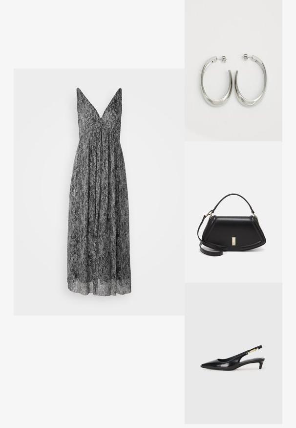 Svart och vit mönstrad klänning med V-ringning, utan ärmar och en flödande, samlad byst som når anklarna.; Svart läder slingback-hälar med spetsig tå, med en smal klack och en guldtonad detalj på den justerbara remmen. Slät textur.; Svart läderhandväska med en strukturerad design, som har en avskuren form, ett handtag upptill och guldiga detaljer. Justerbar axelrem ingår.; Silverfärgade hoopsörhängen med en slät, böjd design. Har en glänsande metallisk yta och ett stiftlås. Inga synliga mönster eller detaljer.