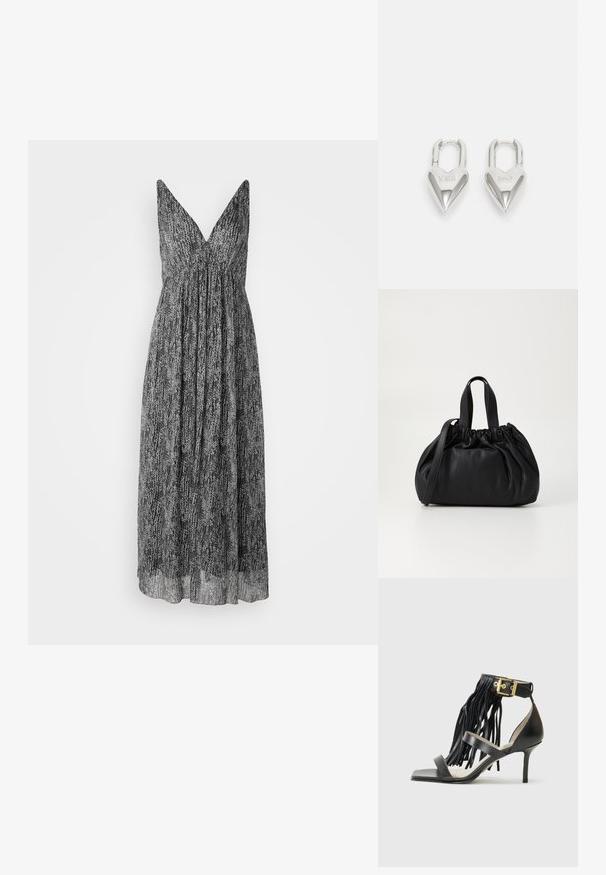 Melnā un baltā rakstainā kleita ar V-veida dekoltē, bez piedurknēm un plūstošu, savākta krūšu daļa, kas krīt līdz potītēm.; Melna augsta papēža sandaļa ar frēzēšanas detaļām, potītes siksniņa ar zelta elementiem, plakans kvadrāta purngals un divas krustojošas siksnas pār vampu.; Melnas ādas rokassomu ar savākta augšdaļa dizainu, kas aprīkota ar divām īsām rokturiem un garu regulējamu siksnu. Gluda tekstūra, noapaļota forma.; Sudraba sirdī formas piekariņi ar iegravētiem "JĀ" un "NĒ" tekstiem, pulēta apdare, simetrisks dizains un izturīgs metāla aizdare.