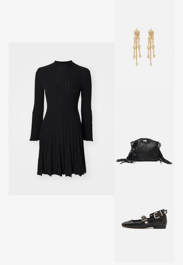 Maje RAFFIE - Pulóverruha - noir; Fekete lakkbőr lapos cipő négyzet alakú orral, ezüst hardware-rel ellátott bokapánttal és lapos talppal. Simaságával és minimalista dizájnjával kiemelkedő.; Maje MISS MINI - Keresztpántos táska - noir; Aranyszínű fülbevalók, több zuhanó lánccal, tiszta ovális strasszköves díszítéssel és dekoratív fülbevaló tetejével.