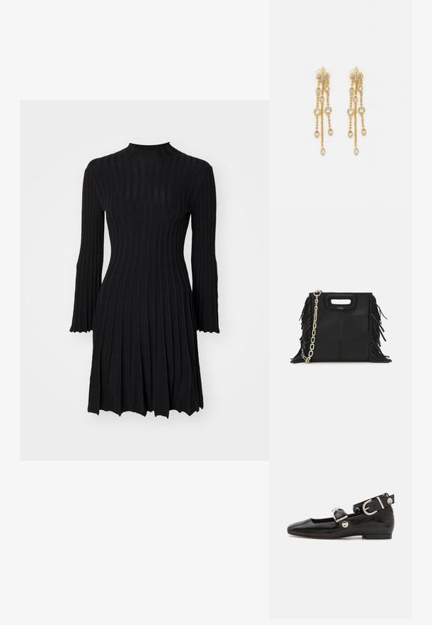 Maje RAFFIE - Φόρεμα-πουλόβερ - noir; Μαύρο παπούτσι με πατεντέ δέρμα, επίπεδη σόλα και τετράγωνη μύτη, με λουράκι στον αστράγαλο που διαθέτει ασημί εξαρτήματα. Λείο υλικό με μινιμαλιστικό σχέδιο.; Μαύρη δερμάτινη τσάντα με λεπτομέρειες φούντας, χρυσή αλυσίδα στον ώμο και κομμένο χερούλι. Διαθέτει τοποθέτηση λογότυπου στην πρόσοψη.; Χρυσές σκουλαρίκια με πολλαπλές καταρρακτώδεις αλυσίδες, διακοσμημένα με διαφανείς ωοειδείς ρινοστάτες και διακοσμητικές βάσεις.