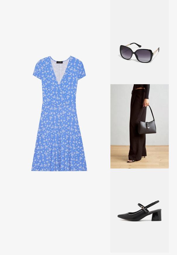 Sinine lilleline mähkmdress lühikeste varrukatega, millel on V-kaelus, pehme kangas ja volangse seelikuosa, millel on valged lillemustrid.; Mustad läikivad nahast slingback-kõrged kontsad, millel on terav nina, ümar lõikekujundus ja blokknina. Omab kuldset nupu aktsenti.; Mustad ümarad päikeseglaasid, millel on gradient objektiivid, paksud raamid ja kuldse tooni kettaga kaunistused tempelitel.; Must musta kott, millel on struktureeritud kuju, sile tekstuur ja metallist klamber. Kombineeritud laiate mustade pükstega ja avatud varvaste sandaalidega puidust põrandal.
