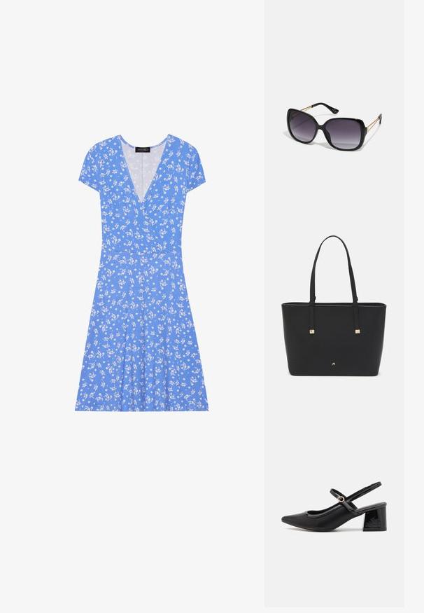 Sinine lilleline mähkmdress lühikeste varrukatega, millel on V-kaelus, pehme kangas ja volangse seelikuosa, millel on valged lillemustrid.; Mustad läikivad nahast slingback-kõrged kontsad, millel on terav nina, ümar lõikekujundus ja blokknina. Omab kuldset nupu aktsenti.; Mustad ümarad päikeseglaasid, millel on gradient objektiivid, paksud raamid ja kuldse tooni kettaga kaunistused tempelitel.; Must musträkk, mis on valmistatud sünteetilisest materjalist, lihtsa ristkülikukujulise disainiga, kuldsete ruudukujuliste rõhutustega ja kahe käepidemega.