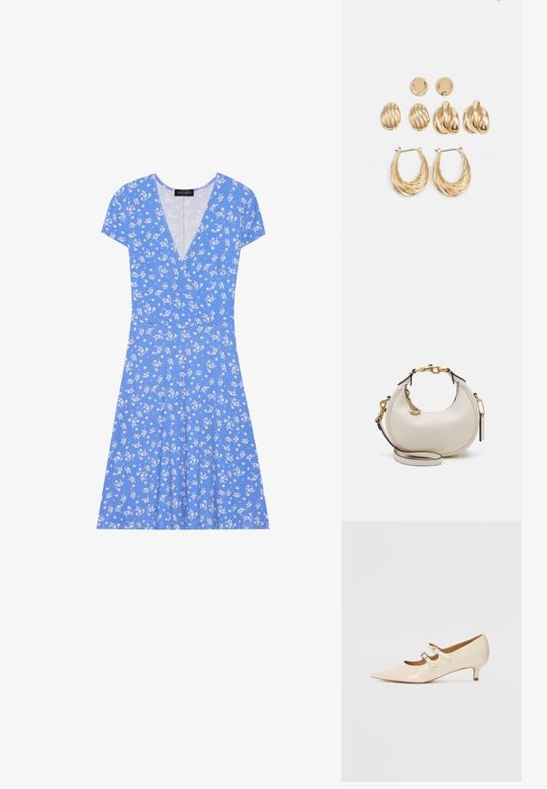 Mėlynas gėlių apynasrio suknelė trumpomis rankovėmis, su V formos iškirpte, minkšta medžiaga ir platėjantis sijonas, papuoštas baltais gėlių raštais.; Kreminės lakuotos Mary Jane bateliai su dviem reguliuojamais sagtelėmis, smailiu priekiniu galimu ir mažu kulnu. Lygi tekstūra su blizgiu paviršiumi.; Kreminės odos rankinė pusmėnulio formos, su auksiniais aksesuarais, juodais akcentais ir nuimamu dirželiu. Yra grandinėlės detalė ir etiketė.; Aukso tonų auskarų rinkinys, kuriame yra trys poros: tekstūruoti ovalūs auskarai, bangos formos auskarai ir dideli hoops auskarai su sluoksniuotomis briaunomis.