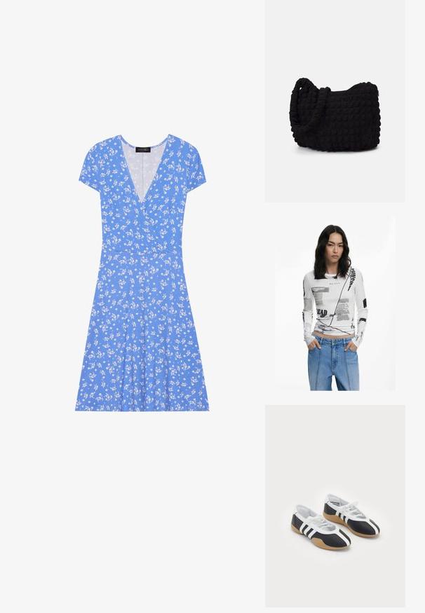 Rochie înflorată albastră, cu mâneci scurte, având un decolteu în V, dintr-un material moale și o fustă evazată decorată cu modele albe de flori.; Top alb cu mânecă lungă, decorat cu texte grafice negre și imprimeuri abstracte. Textură rigidsă, guler rotund și design ajustat. Asortat cu blugi din denim.; Încălțăminte sportivă alb-negru cu un design elegant, talpă din cauciuc, închidere cu sireturi și trei dungi albe pe laterale.; Geantă dintr-un material textil negru, cu un model texturat și matlasat. Formă rotundă, mânere scurte și groase, și o structură moale, flexibilă.