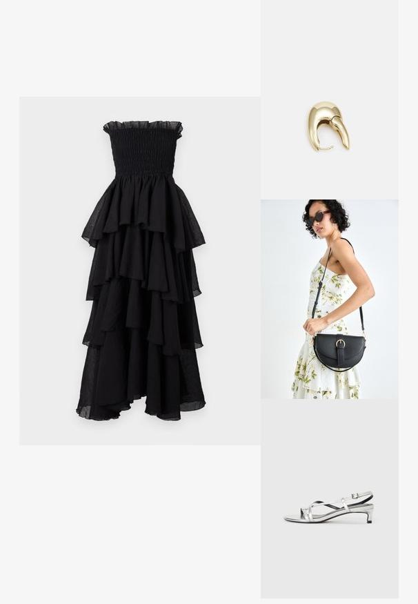Vero Moda VMDELILAH SMOCK RUFFLE - Robe de cocktail - black; Sandale argentée métallique à talon bas, dotée de brides croisées et d'une texture lisse. Design minimaliste.; Sac à main en cuir noir avec une forme courbée, bandoulière amovible et des accessoires en or. Le sac est doté d'un rabat avec un détail de boucle.; Boucle d'oreille en métal doré avec un design élégant et courbé. Présente une forme conique distinctive, une surface polie et une fermeture à charnière.