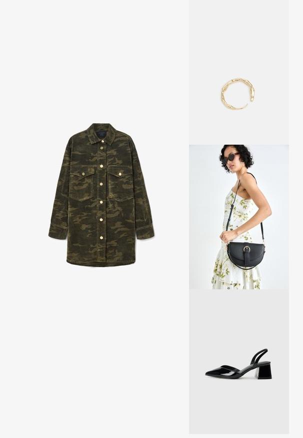 Žalia ir ruda kamufliažinė aksominė marškinėlių striukė su ilgomis rankovėmis, apykakle, mygtukų užsegimu ir dviem krūtinės kišenėmis su užklotais.; Juodos lakuotos odinės šlepetės su smailiu pirštu ir geometriniu bloko kulnu. Turi elegantišką, minimalistinį dizainą ir lygų paviršių.; Juodas odinis krepšys su išlenkta forma, nuimamu dirželiu ir auksiniais detalėmis. Krepšys turi kilpą su sagtimi.; Auksinės spalvos žiedas, turintis organišką, sukimosi dizainą su lygiu paviršiumi ir siaurėjančiais galais, sukuriantis modernią skulptūrinę išvaizdą.