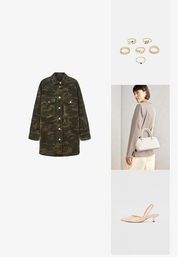 Jachetă din corduroy în carouri verzi și maro, cu mâneci lungi, guler, închidere cu nasturi și două buzunare cu clapă pe piept.; Pantofi cu toc slingback din piele patent bej, cu vârf ascuțit și toc subțire, pătrat. Textură netedă și design minimalist, fără detalii decorative.; Geantă structurată albă, cu mânere scurte și curea de umăr, având accente din metal aurit și material texturat, expusă pe un fundal gri.; Set de șase inele aurii cu diferite designuri: împletite, cu motive de frunze și benzi solide; unele cu accente de pietre prețioase verzi.