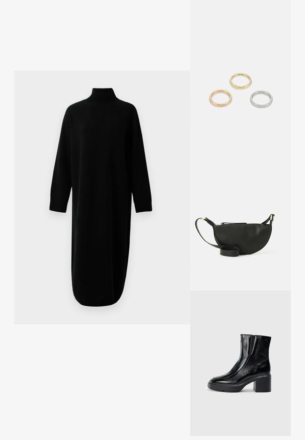 Črna dolga majica s turtleneck iz pletenine, midi dolžine, z rebrastimi manšetami in robom, prikazana na enobarvni beli podlagi.; Črne lakirane gležnjarje z ukrivljenim nosom, elastičnimi stranskimi paneli in debelim blokastim peto. Imajo vtisnjen logotip na zadnjem delu.; Črna usnjena torbica za čez ramo v obliki polmeseca, z teksturirano površino, zlatim zadrgo in ravnim trakom. Kompaktna zasnova, primerna za osnovne stvari.; Trije kovinski prstani: eden rožnato zlati, eden zlat z teksturiranimi detajli in eden srebrn, vsi z vgraviranim logotipom na notranji strani.