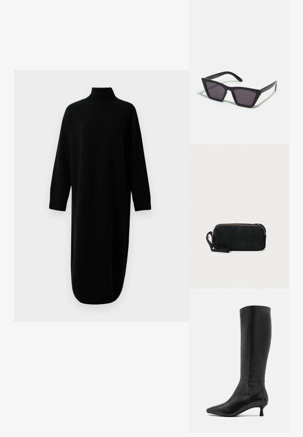 Schwarzes, langärmliges, gestricktes Midi-Kleid mit Stehkragen und gerippten Bündchen und Saum, vor einem schlichten weißen Hintergrund präsentiert.; Zign Stiefel - black; Schwarze, eckige Sonnenbrille mit grauen Gläsern; aus Kunststoff gefertigt, mit dicken Bügeln, die eine glatte Oberfläche und keine sichtbaren Beschläge haben.; Schwarze Wildleder-Clutch mit einem Reißverschluss und abnehmbarem Handgelenkband. Verfügt über goldfarbene Hardware und eine glatte, matte Oberfläche.