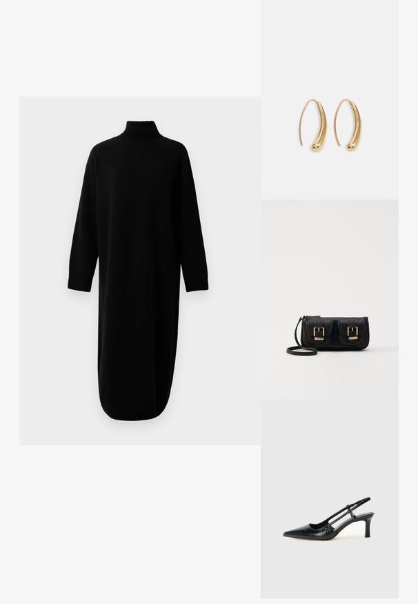 Schwarzes, langärmliges, gestricktes Midi-Kleid mit Stehkragen und gerippten Bündchen und Saum, vor einem schlichten weißen Hintergrund präsentiert.; Schwarze Lack-Slingback-Pumps mit spitzem Zehenbereich, versehen mit strukturiertem Schlangenprint, verstellbarem Riemen und einem kurzen, strukturierten Blockabsatz.; Schwarze Leder-Umhängetasche mit zwei vorderen Taschen, goldenen Schnallen, Reißverschluss und einem schmalen Tragegurt. Texturierte Oberfläche und kompakte rechteckige Form.; Goldfarbene Metall-Hoops mit einer geschwungenen, länglichen Form. Sie verfügen über eine glatte, glänzende Oberfläche und eine abgerundete Spitze für zusätzliche Details.