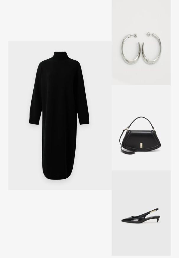 Musta pitkähihaine korkeakauluksinen neule-midi-hame, jossa ribbireunukset hihansuissa ja helmassa, esillä yksinkertaisella valkoisella taustalla.; Mustat nahkaiset slingback-korkokengät, joissa on terävä kärki, ohuet korot ja kultasävytteinen yksityiskohta säädettävässä hihnassa. Silkkinen pinta.; Mustalla nahkalaukulla, jossa on jämäkkä muotoilu, lyhyt malli, yläkahva ja kultaiset yksityiskohdat. Säädettävä olkahihna sisältyy.; Hope hopeista, joissa on sileä, kaareva muotoilu. Varustettu kiiltävällä metallipinnoitteella ja nappikiinnityksellä. Ei näkyviä kuvioita tai koristeluja.