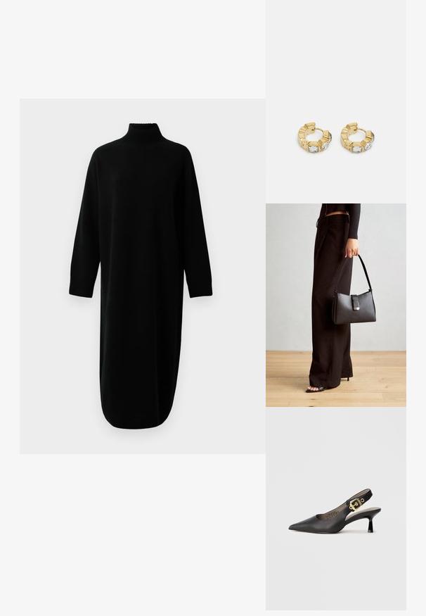 Czarna, długosleeve'owa sukienka midi z golfem, dzianinowa, z prążkowanym mankietami i dołem, wyeksponowana na jednolitym białym tle.; Czarna czółenka na wysokim obcasie z odkrytymi piętami, z wydłużonym noskiem, gładką skórzaną teksturą i złotą klamrą na pasku.; Czarna torebka o usztywnionym kształcie, gładkiej fakturze i metalowym zapięciem. Połączona z szerokimi czarnymi spodniami i sandałami na otwartym palcu na drewnianej podłodze.; Złote kolczyki w kształcie obręczy z teksturowanym fasonem i trzema przezroczystymi kryształkami po jednej stronie, oferujące nowoczesną, geometryczną estetykę.