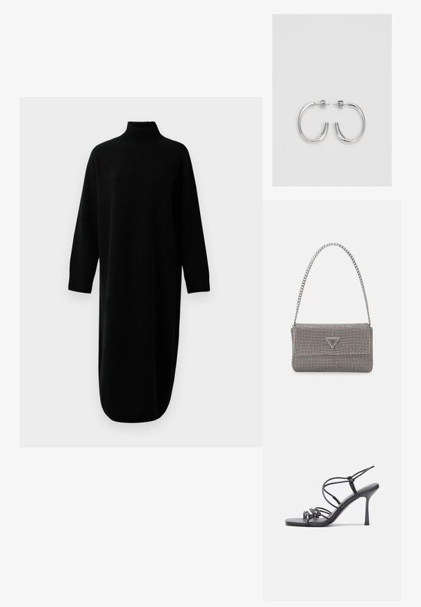 Fekete, hosszú ujjú, garbós kötött midi ruha bordás mandzsettával és szegéllyel, sima fehér háttér előtt bemutatva.; Fekete magas sarkú szandálok vékony pántokkal, csomózott mintával, sima négyzetes orral és karcsú stiletto sarkal rendelkeznek.; Világosszürke fémes kézitáska lánc pánttal, kis kör alakú fém kifinomult díszítéssel és háromszög alakú márkagéppel.; Ezüst karika fülbevalók sima, fényes felülettel. Lekerekített forma, könnyű kialakítással, tűs zárómechanizmussal.