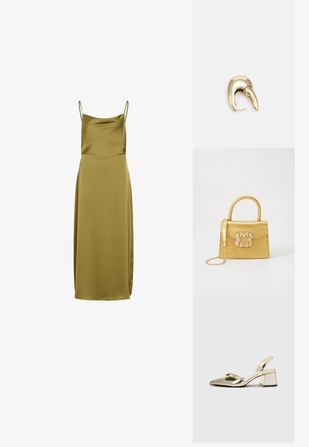 Olive roheline satiin kleit õhukeste spagetitaskutega, sile tekstuur ja pikk siluett, millel on külgslit, mis lisab detaili.; Kuldne, metallilised slingback-kudumid terava varba ja paksu kontsaga. Sile tekstuur, minimalistlik disain ja kitsas rihm.; Kollane faux-krokodilli käsipindaga kott, millel on struktureeritud disain, ülemine käepide, eemaldatav kettmass ja dekoratiivne kristallkaunistus klambril.; Kuldtooni metallist kõrvarõngas, millel on elegantne ja kaarjas disain. Omab silmapaistvat teravat kuju, poleeritud pinda ja hingesulgemist.