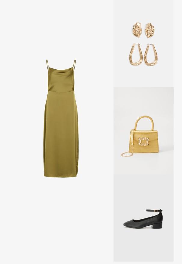 Olivengrønn satinklær med tynne spaghetti-stropper, en glatt tekstur og en lang silhuett med en sideslitt for ekstra detaljer.; Sorte skinnpumper med spiss tå og lav blokkhelt. Har ankelrem med gullfarget spenne. Glatt tekstur.; Gul faux-krokodille veske med en strukturert design, toppen håndtak, avtagbar kjede stropp, og dekorativ krystallbortsettelse på låsen.; Gullfargede øredobber med teksturerte, bølgete former. Inkluderer skulpturelle klipsstuds og åpen hoop-design med en hamret finish.