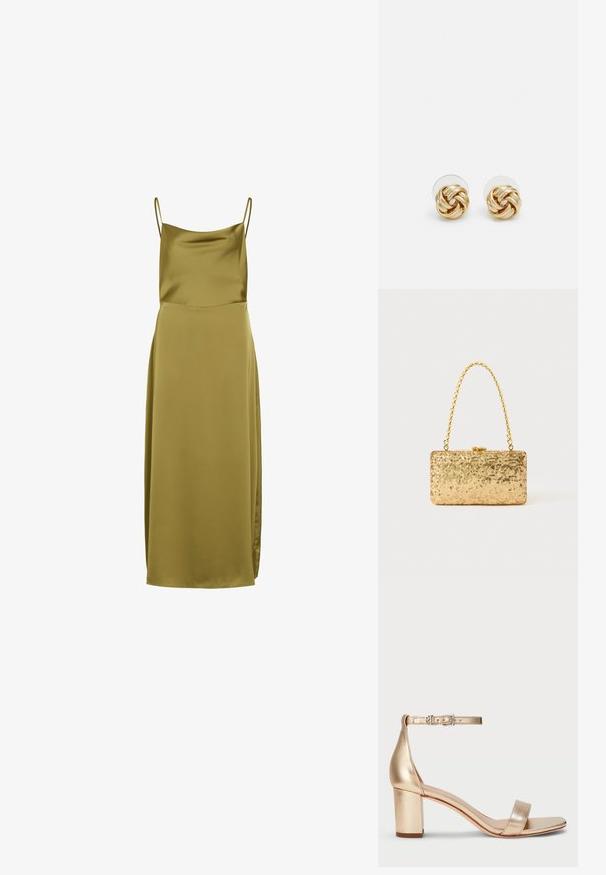 Olivazöld selyemruha vékony pántokkal, sima textúrával és hosszú szilhuettel, oldalsó hasítékkal, amely további részletességet ad.; Lauren Ralph Lauren LOGAN METALLIC NAPPA LEATHER SANDAL - Szandálok - platinum; Arany flitteres clutch táska, téglalap alakú, csavart lánckarabinerekkel és fém záródással, mely fényt tükröz a textúrált felületének köszönhetően.; Arany színű csomó fülbevalók, csavart formával. Minden fülbevaló mögött egy kör alakú átlátszó támasz található a biztonságos viselés érdekében.