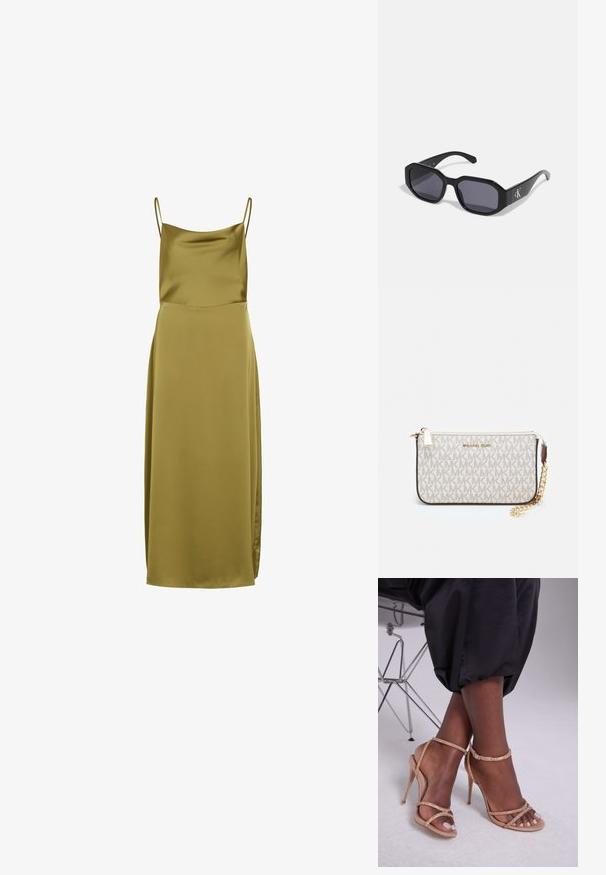Olive roheline satiin kleit õhukeste spagetitaskutega, sile tekstuur ja pikk siluett, millel on külgslit, mis lisab detaili.; Bežid sandaalid kõrge kontsaga, millel on kristallkaunistused, avatud varvaga, peene rihmaga ja voolujooneline siluett.; Mustad prillid, millel on oktagonaalne raam, tumedad läätsed, läikiv plastmaterjal ja hõbedane logo aksent ühel küljel.; Michael Korsi randmevõru beige kaetud kangast, millel on korduv MK logo muster, kuldne riistvara ja eemaldatav ahelistrap.; Kullastusust kõrvarõngaste komplekt, mis sisaldab erinevaid disaine, sealhulgas nööpe, rõngaid ja riputatavaid tükke, millel on pärlid ja rhinestones.
