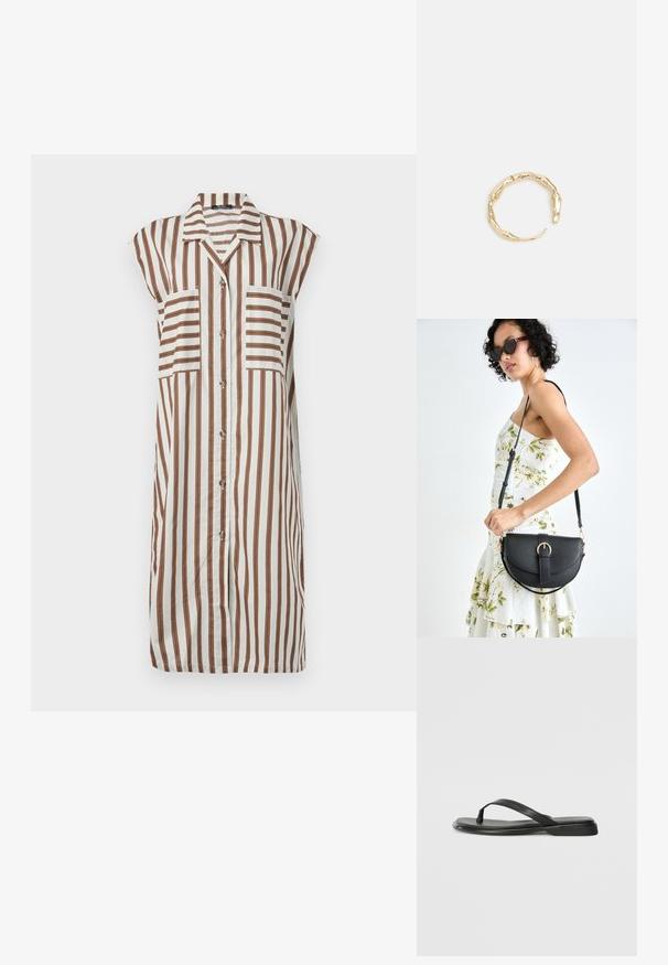 Balta marškinių suknelė su vertikaliomis rudomis juostelėmis. Savybės: apykaklė, trumpi rankovės ir dvi priekinės kišenės. Laisva medžiaga.; Juodos šlepetės, pagamintos iš lygios odos, su plona dirželių konstrukcija ir plokščiu padu, turinčiu minimalų profilį. Be pastebimų raštų ar akcentų.; Juodas odinis krepšys su išlenkta forma, nuimamu dirželiu ir auksiniais detalėmis. Krepšys turi kilpą su sagtimi.; Auksinės spalvos žiedas, turintis organišką, sukimosi dizainą su lygiu paviršiumi ir siaurėjančiais galais, sukuriantis modernią skulptūrinę išvaizdą.